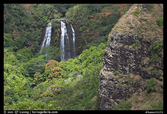 Opaekaa Falls and cliff. Kauai island, Hawaii, USA (color)