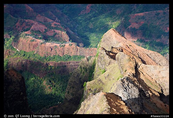 Shadows and light on ridges, Waimea Canyon, afternoon. Kauai island, Hawaii, USA (color)