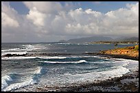Coastline north of Kapaa with Sleeping Giant profile, early morning. Kauai island, Hawaii, USA (color)
