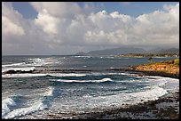 Coastline north of Kapaa with Sleeping Giant profile, early morning. Kauai island, Hawaii, USA