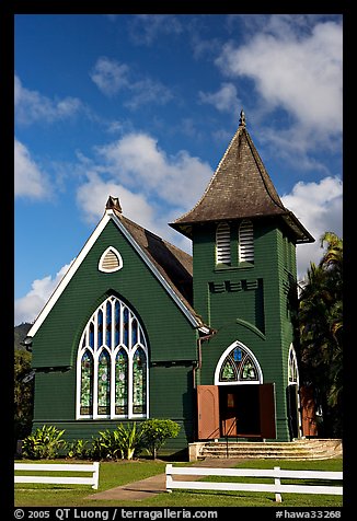 Green church of United Church of Chirst, Hanalei. Kauai island, Hawaii, USA (color)