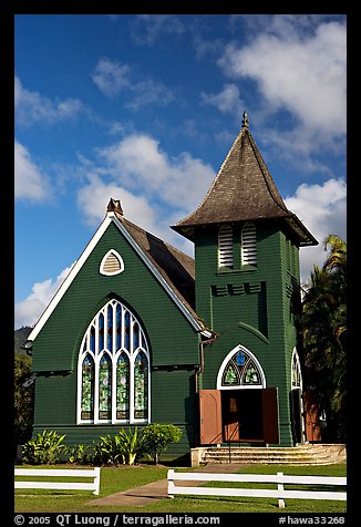 Green church of United Church of Chirst, Hanalei. Kauai island, Hawaii, USA