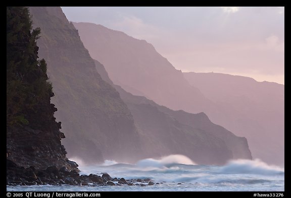 Na Pali Coast and surf seen from Kee Beach, sunset. Kauai island, Hawaii, USA (color)