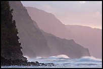 Na Pali Coast and surf seen from Kee Beach, sunset. Kauai island, Hawaii, USA ( color)