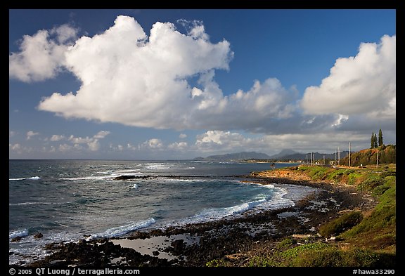 Coast north of Kapaa with Sleeping Giant profile, early morning. Kauai island, Hawaii, USA (color)