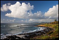 Coast north of Kapaa with Sleeping Giant profile, early morning. Kauai island, Hawaii, USA ( color)