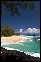 Beach, volcanic rock, and turquoise waters, and homes  near Haena. North shore, Kauai island, Hawaii, USA (color)