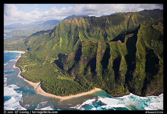 Aerial view of the East end of the Na Pali Coast, with Kee Beach. Kauai island, Hawaii, USA