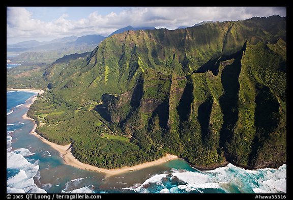 Aerial view of the East end of the Na Pali Coast, with Kee Beach. Kauai island, Hawaii, USA (color)