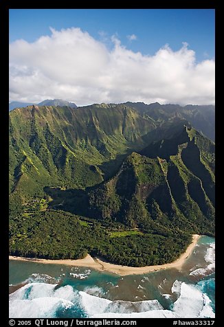 Aerial view of the East end of the Na Pali Coast, with Kee Beach. Kauai island, Hawaii, USA (color)