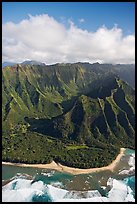 Aerial view of the East end of the Na Pali Coast, with Kee Beach. Kauai island, Hawaii, USA