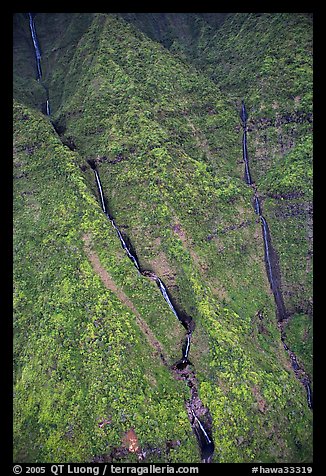 Aerial view of waterfalls on the slopes of Mt Waialeale. Kauai island, Hawaii, USA (color)