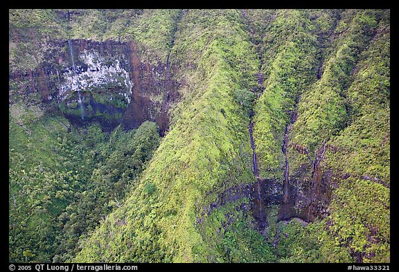 Aerial view of a crater on the slopes of Mt Waialeale. Kauai island, Hawaii, USA