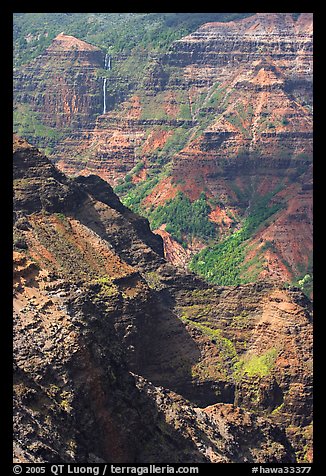 Waipoo falls and Waimea Canyon, afternoon. Kauai island, Hawaii, USA (color)