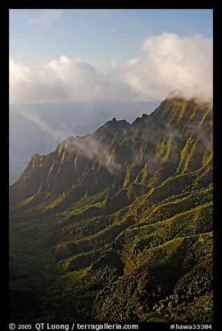 Lush Hills above Kalalau Valley and clouds, late afternoon. Kauai island, Hawaii, USA