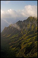 Lush Hills above Kalalau Valley and clouds, late afternoon. Kauai island, Hawaii, USA (color)