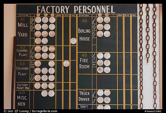 Factory personnel board, sugar cane mill. Kauai island, Hawaii, USA