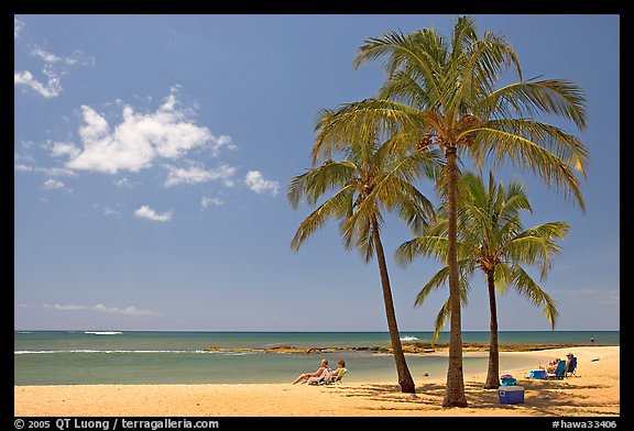 Couple on beach chair, and coconut trees,  Salt Pond Beach, mid-day. Kauai island, Hawaii, USA