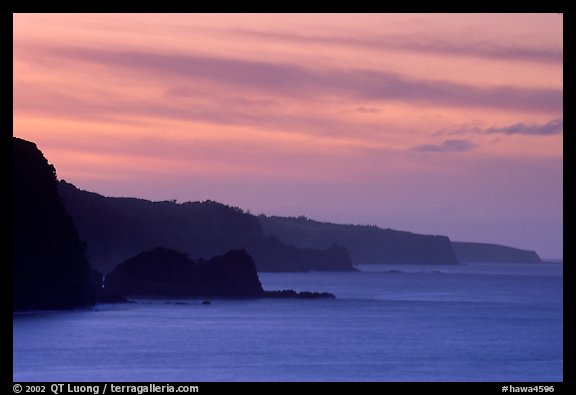 The north coast at sunset, seen from the Keanae Peninsula. Maui, Hawaii, USA (color)