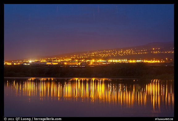 Lights of Kona reflected in Aimakapa Fishpond, Kaloko-Honokohau National Historical Park. Big Island, Hawaii, USA (color)