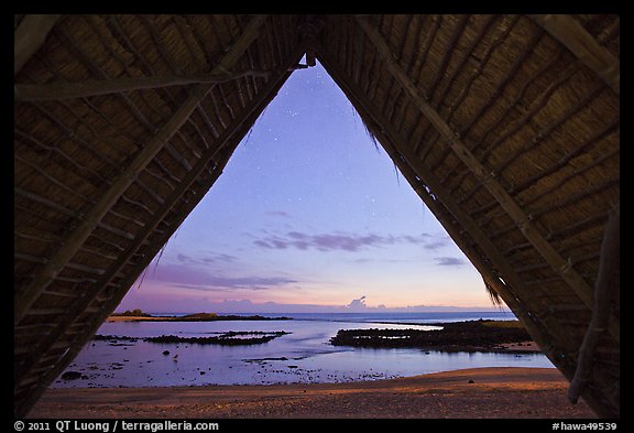 Aiopio fishtrap framed by Halau at dusk, Kaloko-Honokohau National Historical Park. Hawaii, USA (color)