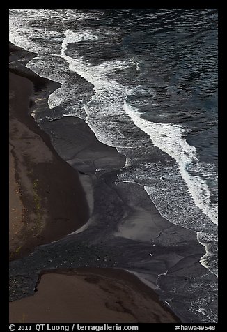 Surf and black sand beach from above, Waipio Valley. Big Island, Hawaii, USA