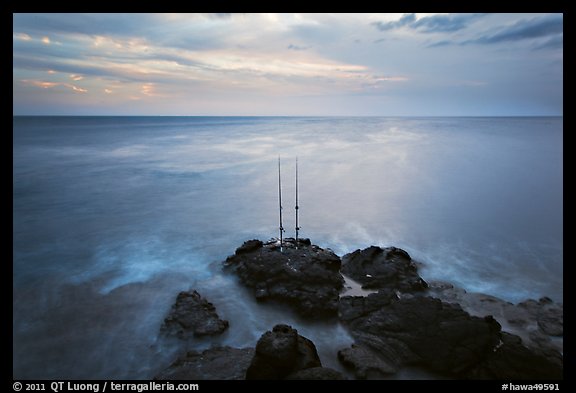 Fishing rods at sunset, Ka Lea (South Point). Big Island, Hawaii, USA
