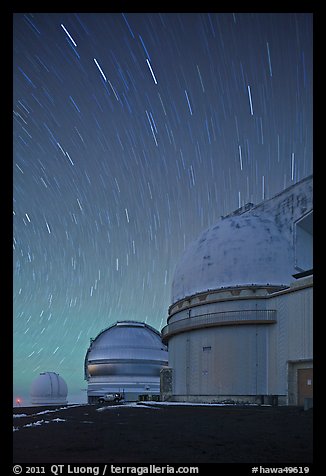 Telescopes and star trails. Mauna Kea, Big Island, Hawaii, USA (color)
