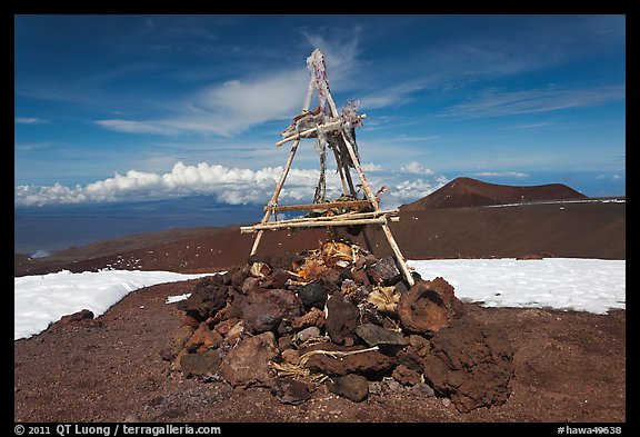 Mountain summit and hawaiian altar. Mauna Kea, Big Island, Hawaii, USA