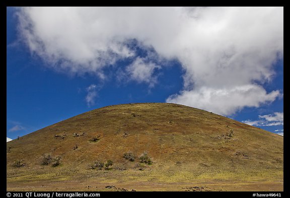 Cinder cone covered with grass, clouds. Big Island, Hawaii, USA