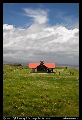 Rural building with bright red roof in ranchland. Big Island, Hawaii, USA (color)