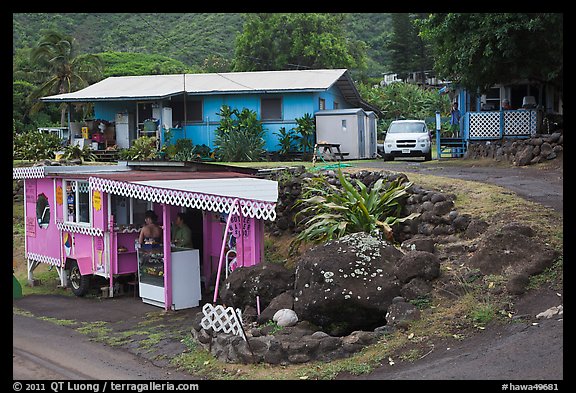 Souvenir stand and houses, Kahakuloa. Maui, Hawaii, USA (color)