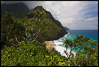 Hanakapiai Beach and cliffs from above. Kauai island, Hawaii, USA (color)