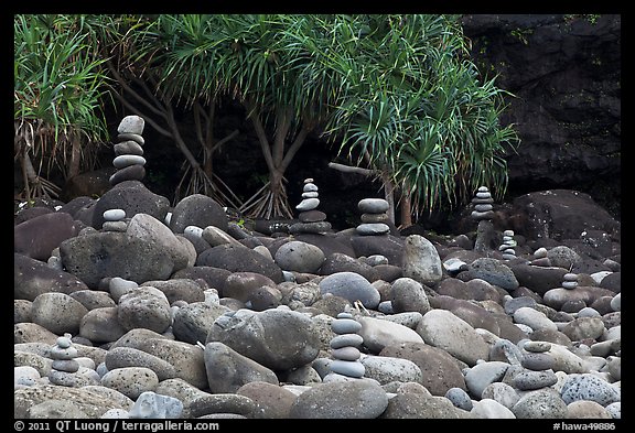 Rock piles on Hanakapiai Beach. Kauai island, Hawaii, USA (color)
