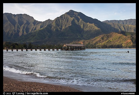 Hanalei Pier and surfer, early morning. Kauai island, Hawaii, USA (color)