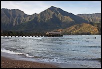 Hanalei Pier and surfer, early morning. Kauai island, Hawaii, USA (color)