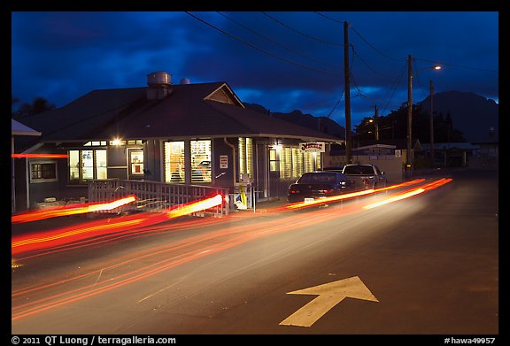 Restaurant and street by night, Lihue. Kauai island, Hawaii, USA