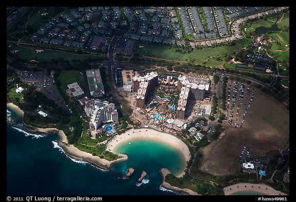 Aerial view of cove and resort. Honolulu, Oahu island, Hawaii, USA (color)