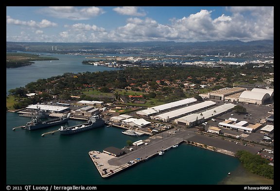 Aerial view of Hickam AFB and Pearl Harbor. Oahu island, Hawaii, USA