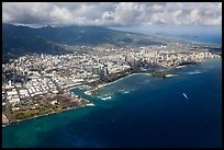 Aerial view of parks and city. Honolulu, Oahu island, Hawaii, USA