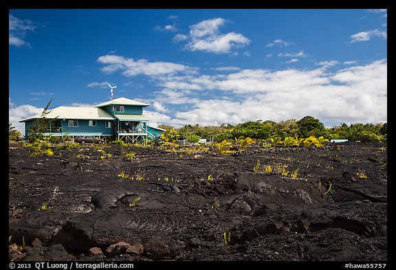 House and recently hardened lava. Big Island, Hawaii, USA