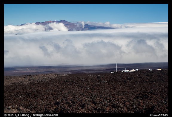 Mauna Loa Observatory, clouds, and Mauna Kea. Big Island, Hawaii, USA (color)