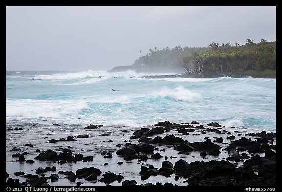 Seascape with strong surf and surfer, Pohoiki. Big Island, Hawaii, USA (color)