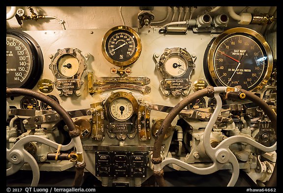Depth gauges and controls, USS Bowfin submarine, Pearl Harbor. Oahu island, Hawaii, USA (color)
