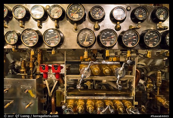 Meters, USS Bowfin submarine, Pearl Harbor. Oahu island, Hawaii, USA (color)