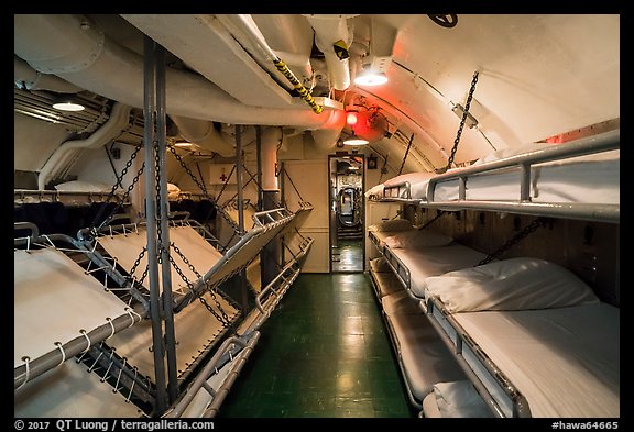 Sleeping bunks, USS Bowfin submarine, Pearl Harbor. Oahu island, Hawaii, USA (color)