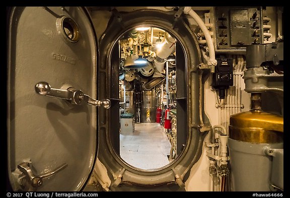 Waterproof divider door, USS Bowfin submarine, Pearl Harbor. Oahu island, Hawaii, USA (color)