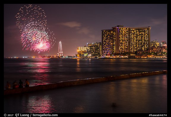 Fireworks from Kihio Beach, Waikiki. Waikiki, Honolulu, Oahu island, Hawaii, USA (color)