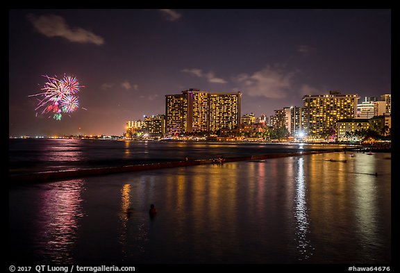 Fireworks and Waikiki skyline. Waikiki, Honolulu, Oahu island, Hawaii, USA (color)