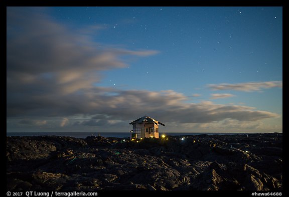 Lone house on the lava field at night, Kalapana. Big Island, Hawaii, USA (color)